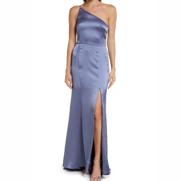 Amsale Slate Blue Satin One Shoulder Leg Slit Kaia Bridesmaid Dress Formal Gown